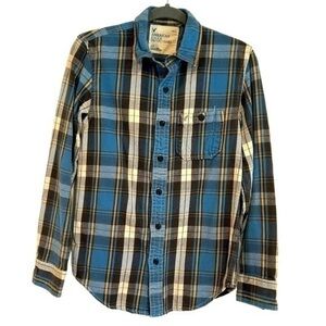 AMERICAN EAGLE OUTFITTERS PLAID LONG SLEEVE COLLARED BUTTON DOWN SHIRT, SIZE SP